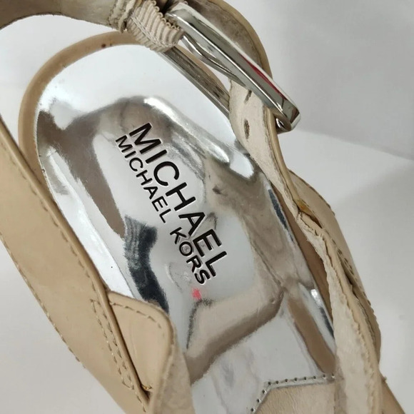Michael Michael Kors Tan Platform Block Cork Heels Sandal Women Size 8.5 M FLAW - Picture 4 of 10